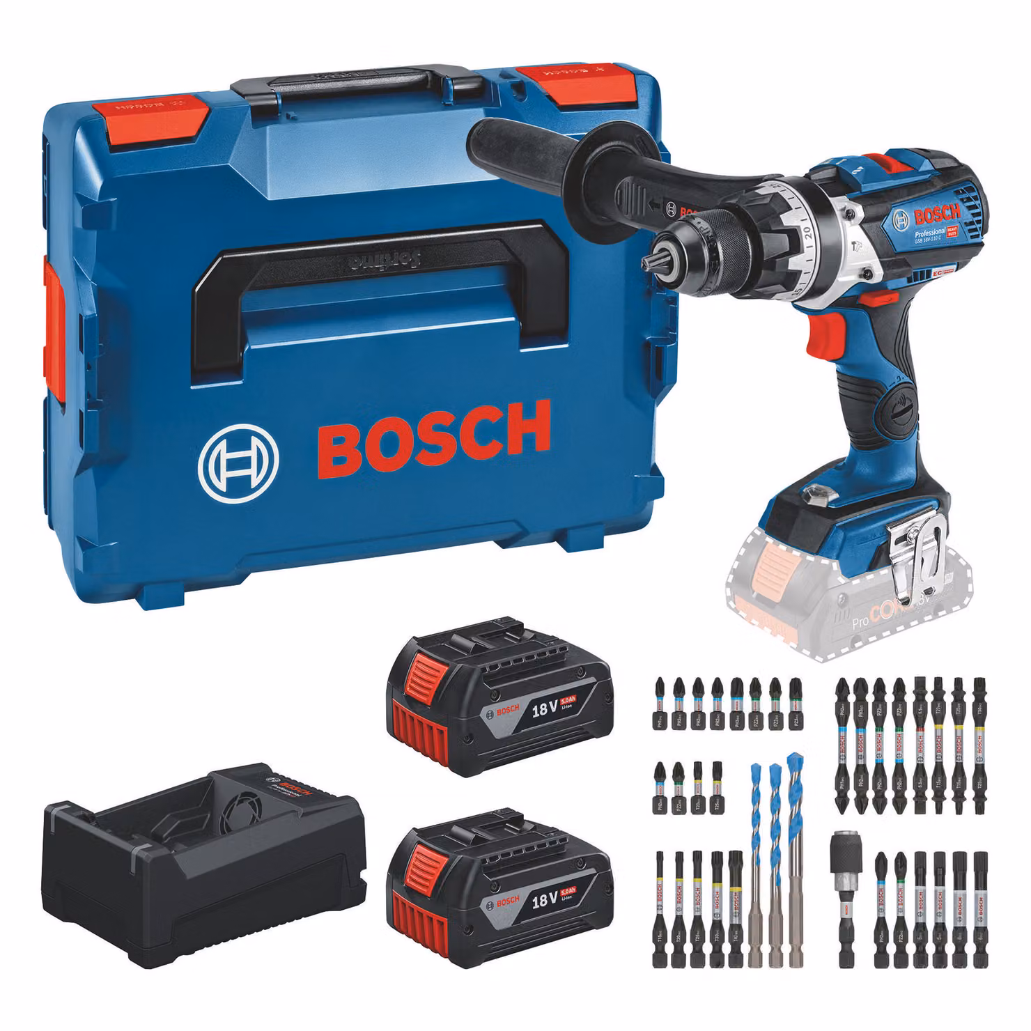 Bosch GSB 18V-110 C Professional Avvitatore a percussione a batteria 18 V 110 Nm ( 0615A500E0 ) Brushless + 2 batterie da 5,0 Ah + caricabatterie + set di 35 inserti + L-Boxx