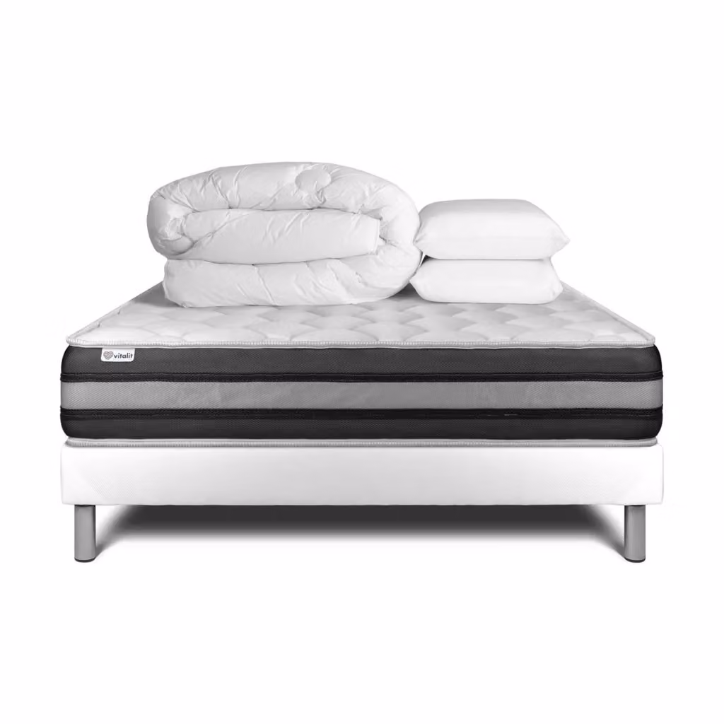 Kit letto completo Vitalspring Zen bianco con materasso hybrid memory foam e box spring, include doghe, 2 cuscini e piumino, L/P: 180 x 200 cm – 2