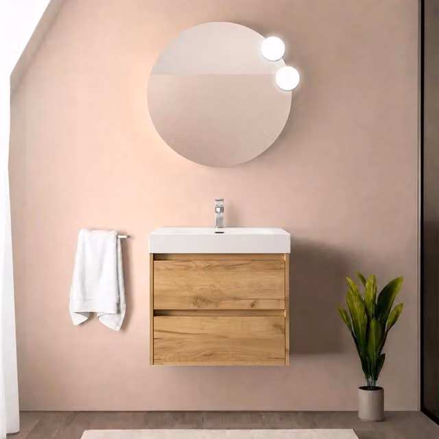Mobile bagno sospeso 70 cm rovere africa con due cassetti e lavabo in resina Gaya