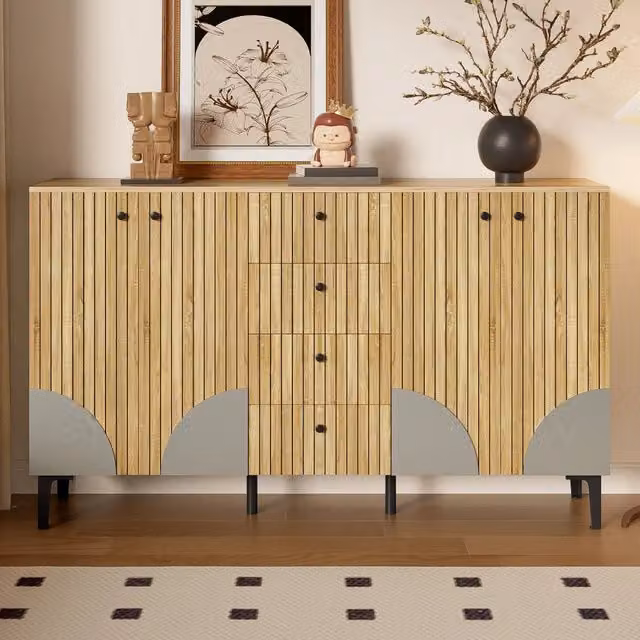 Credenza moderna con 4 porte e 4 cassetti in effetto legno nero L: 160 cm, P: 36 cm, H: 94 cm