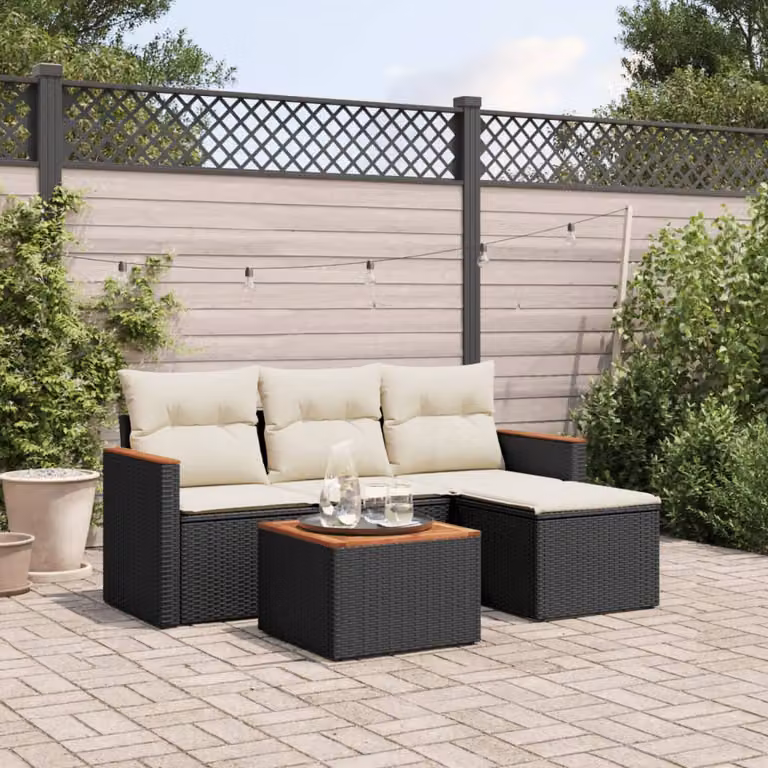 Set Divani da Giardino vidaXL 5 pz a Forma a L con Cuscini, Tavolino e Pouf, Polyrattan e Metallo, Nero e Bianco