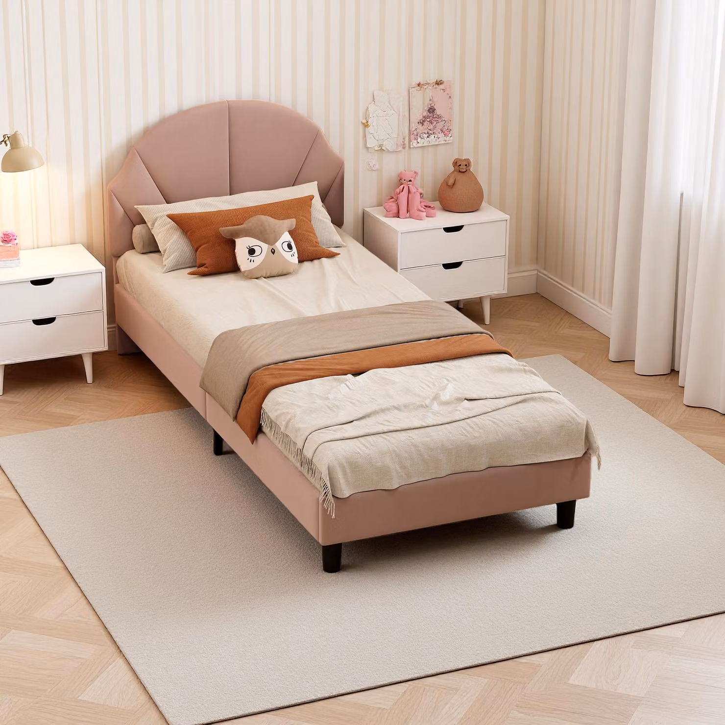Letto imbottito UnboxG, 90x190 cm, rosa, in velluto, con testiera imbottita regolabile in altezza, struttura in metallo robusta, rete a doghe inclusa, letto singolo, letto per adolescenti, letto per ragazze