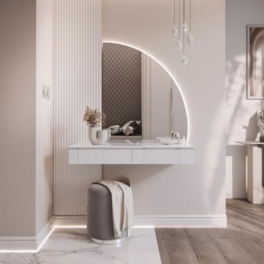 Tavolo da toeletta sospeso AURORA-Q SILVER con specchio bianco lucido