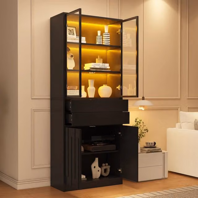 Desviae Vetrina alta LED Bluetooth con 2 cassetti e ripiano regolabile in truciolare nero con ante in vetro 70 × 34 × 180 cm