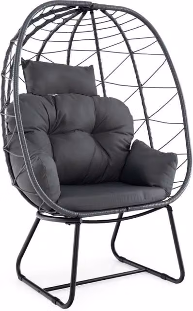 Poltrona in rattan per patio con cuscino rimovibile cuscino per testa e supporto metallico, Sedia sospesa a uovo Grigio scuro