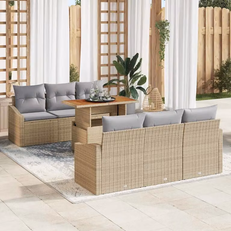 Set Divano da Giardino vidaXL 7 pz in Polyrattan con Cuscini Beige e Grigio