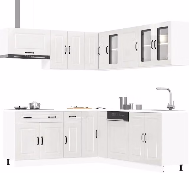 Set Mobili da Cucina Moderno vidaXL Bianco Lucido in Legno e Vetro con Ante a Battente e Cassetti