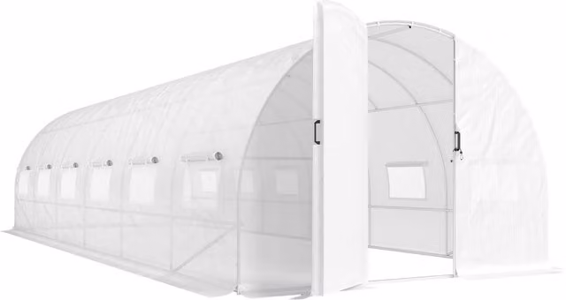 Serra tunnel da giardino Outsunny da 24m2 con porta e 12 finestre con zanzariere, L: 798 cm, H: 199 cm, P: 295 cm, bianco