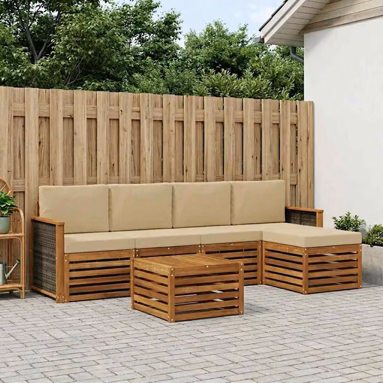 Set di divani da esterno vidaXL a forma di L in legno di acacia con tavolino e pouf, Beige e Marrone