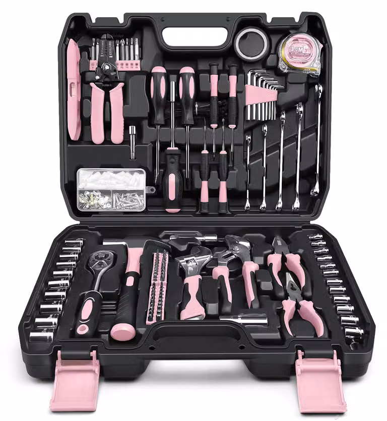 Cassetta degli attrezzi da 281 pezzi - Rosa - Set completo di utensili manuali - Contenitore portatile