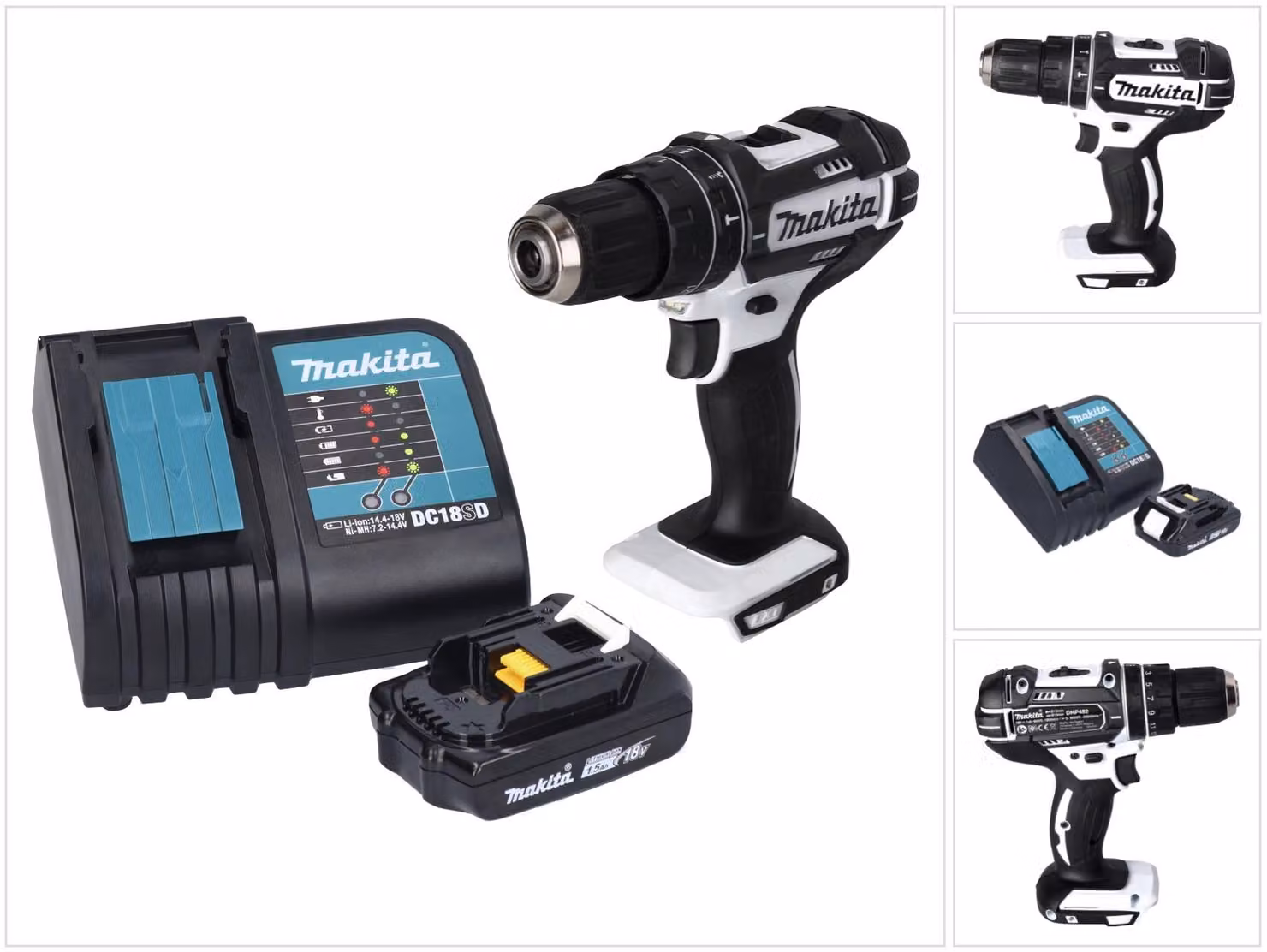 Trapano avvitatore a percussione a batteria Makita DHP 482 SY1W 18 V 62 Nm bianco + 1 batteria da 1,5 Ah + caricabatterie
