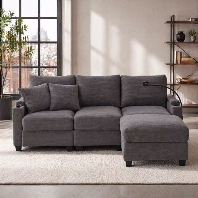 Divano angolare 3 posti 213;5 x 139 x 87 cm in velluto a coste grigio scuro con USB HOMVRA