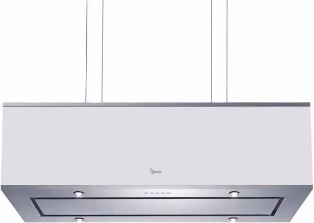 Cappa da soffitto o a parete Baraldi in acciaio inox e bianco con controllo app, ricircolo a carboni attivi e display LED, portata 800 m3/h, L: 90 cm, P: 30 cm, H: 30 cm