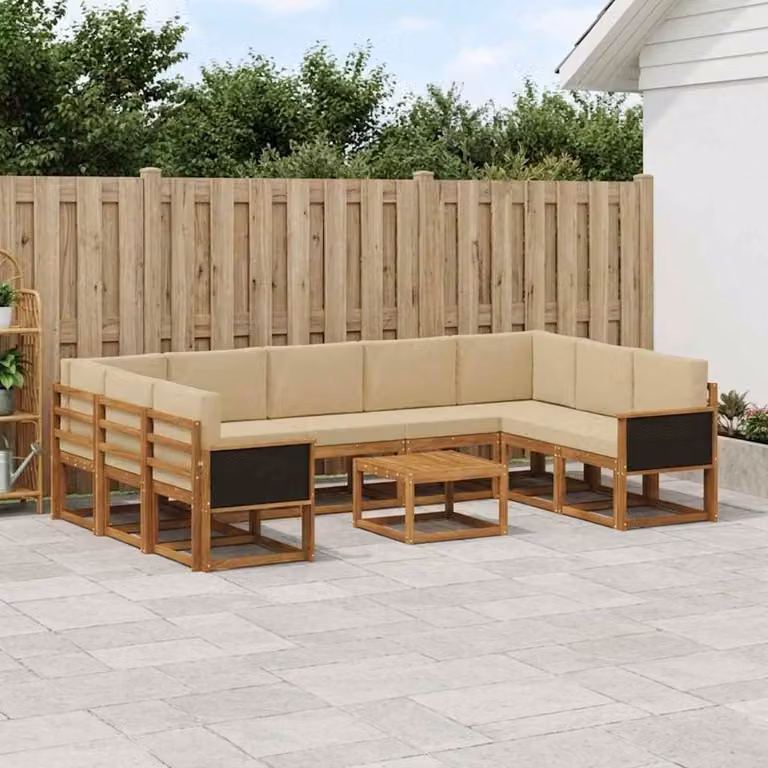 vidaXL Set di divani da esterno a L in legno di acacia con cuscini, Beige e Marrone