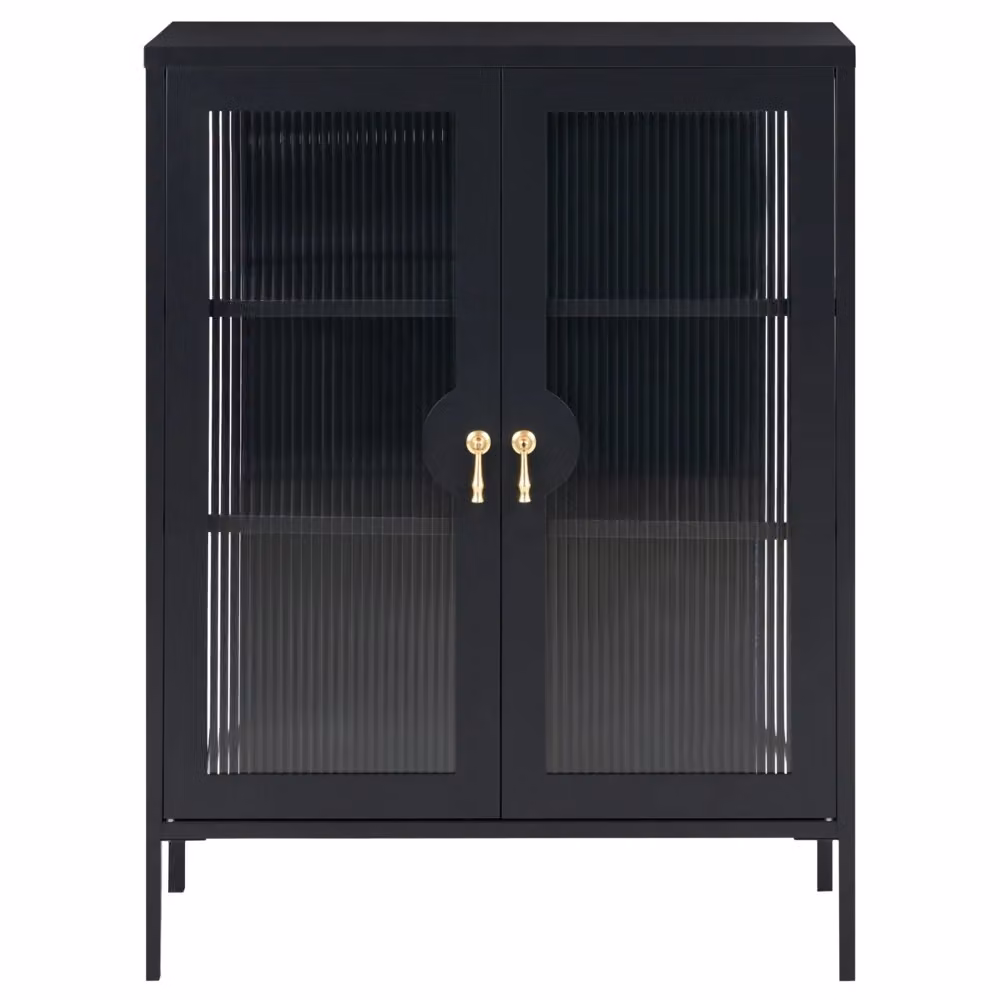 Armadio BELIANI in stile industriale con ante in vetro e ripiani interni, colore beige e nero, L: 80 cm, P: 35 cm, H: 105 cm – 2