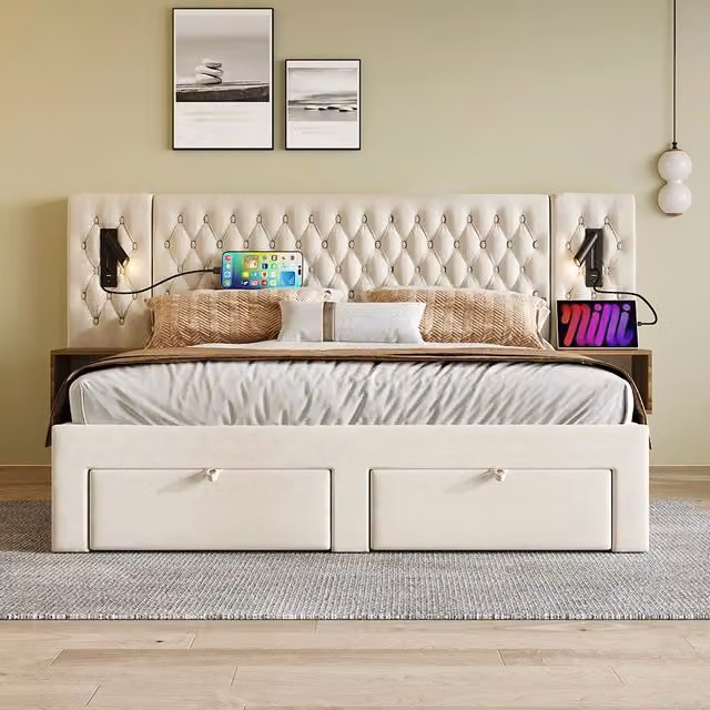 Letto con contenitore - Xylo - 160x200 cm - Beige - 2 comodini, 4 cassetti, USB