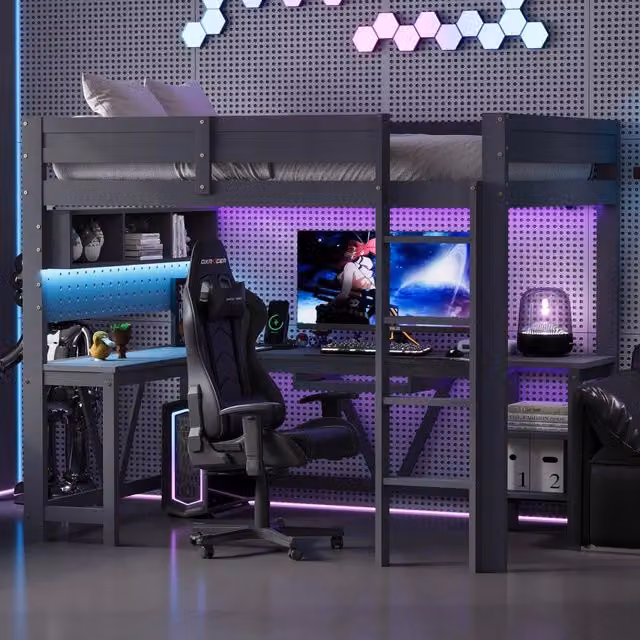 Letto gaming con scrivania LED - Xylo - 90x200 - Grigio