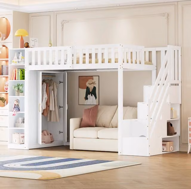Letto a soppalco 90x200 cm con armadio; scaffali e scala con cassetti; bianco