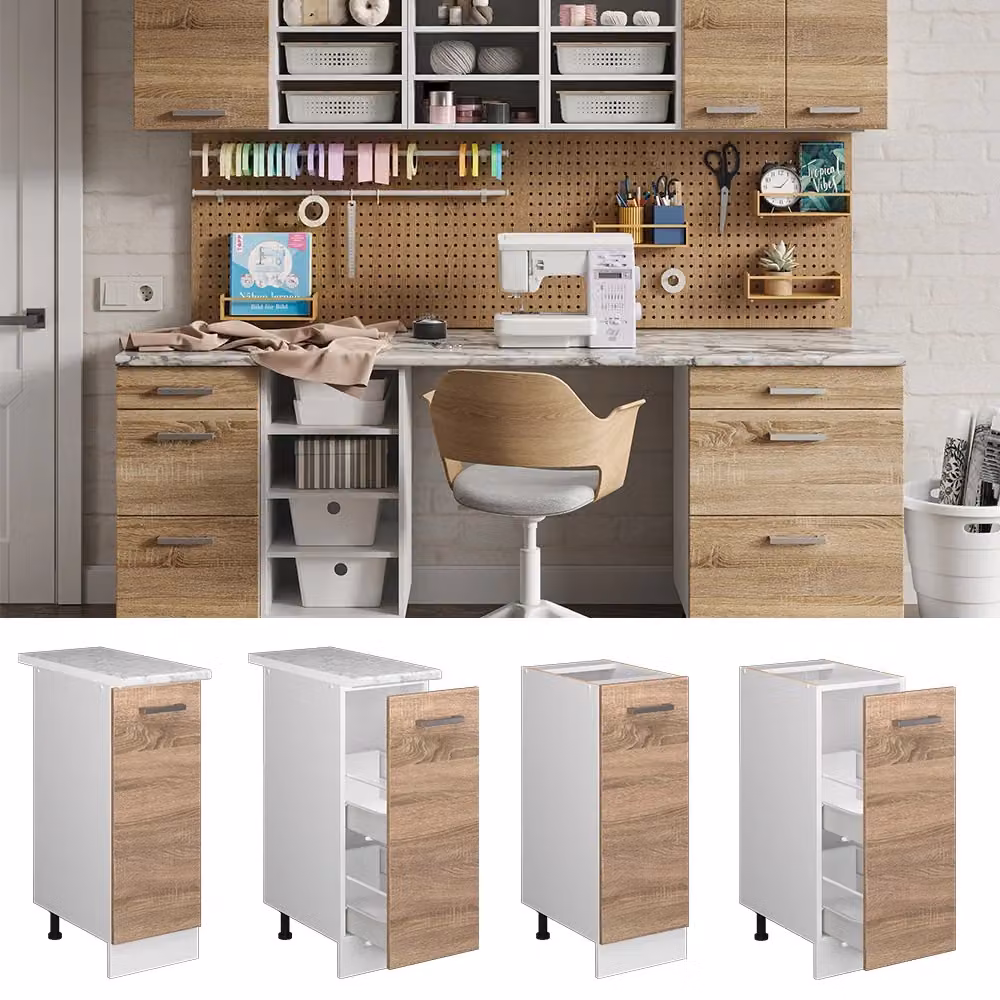 Base cucina Vicco R-Line Sonoma con anta e piano di lavoro, colore bianco opaco e rovere, L: 30 cm, P: 60 cm, H: 81,6 cm – 2
