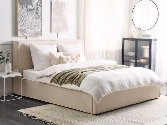 Letto King Size con Contenitore Beliani Beige con Rivestimento in Tessuto e Telaio a Doghe L/P: 180 x 200 cm – 1