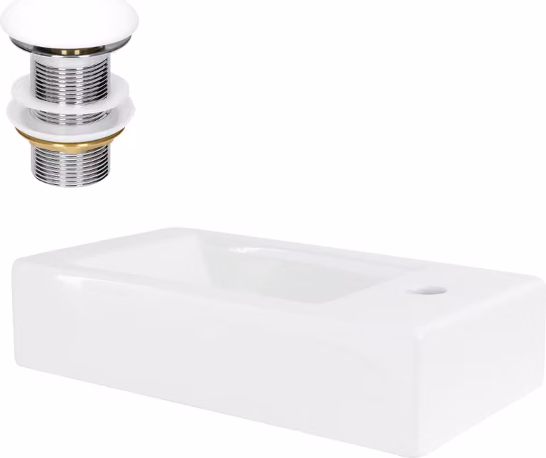 LuxeBath Lavabo da appoggio Square, 46x26x11 cm, bianco, in Vetroceramica, incl. set di scarico senza troppopieno