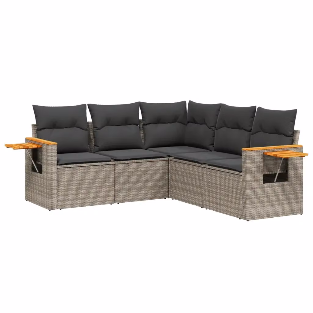 vidaXL Set Divano da Giardino 5 pz a Forma di L in Polyrattan Grigio con Cuscini e Tavolino da Caffè – 2
