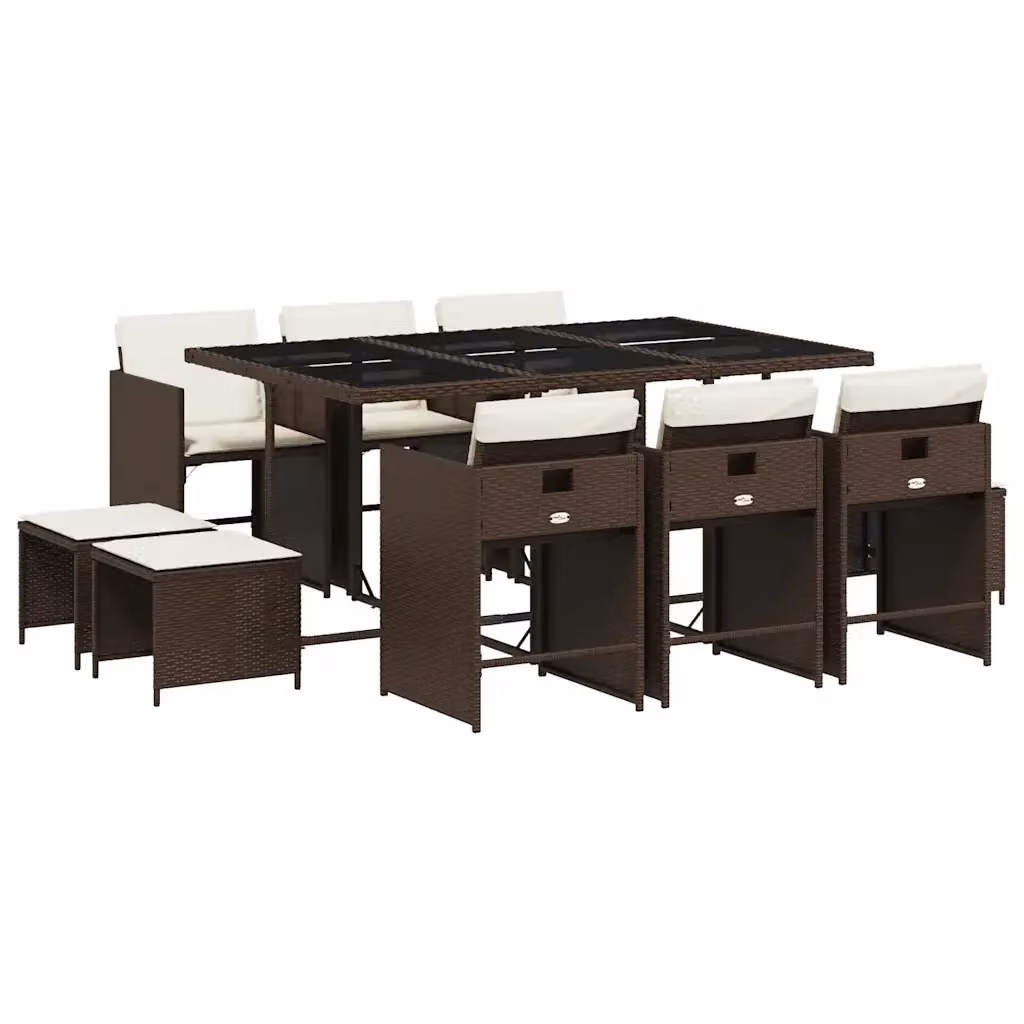 vidaXL Set da Pranzo da Giardino 11 pz in Polyrattan Marrone con Cuscini e Tavolo in Vetro – 2