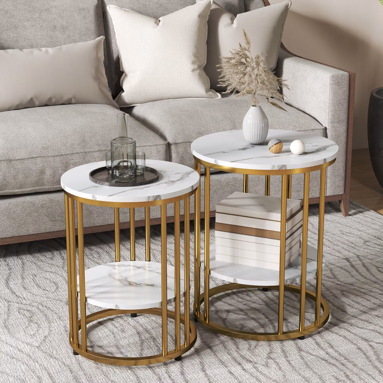 Set di 2 tavolini bassi rotondi HOMCOM con effetto marmo bianco e struttura in metallo oro per soggiorno – 2