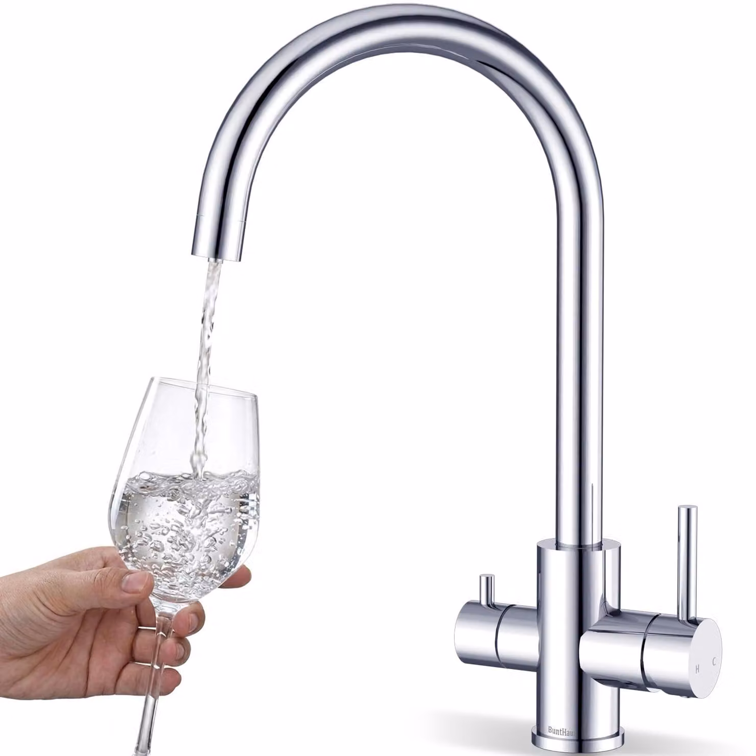 Miscelatore da cucina a tre vie, 3-in-1, cromato, girevole a 360°, con 2 manopole