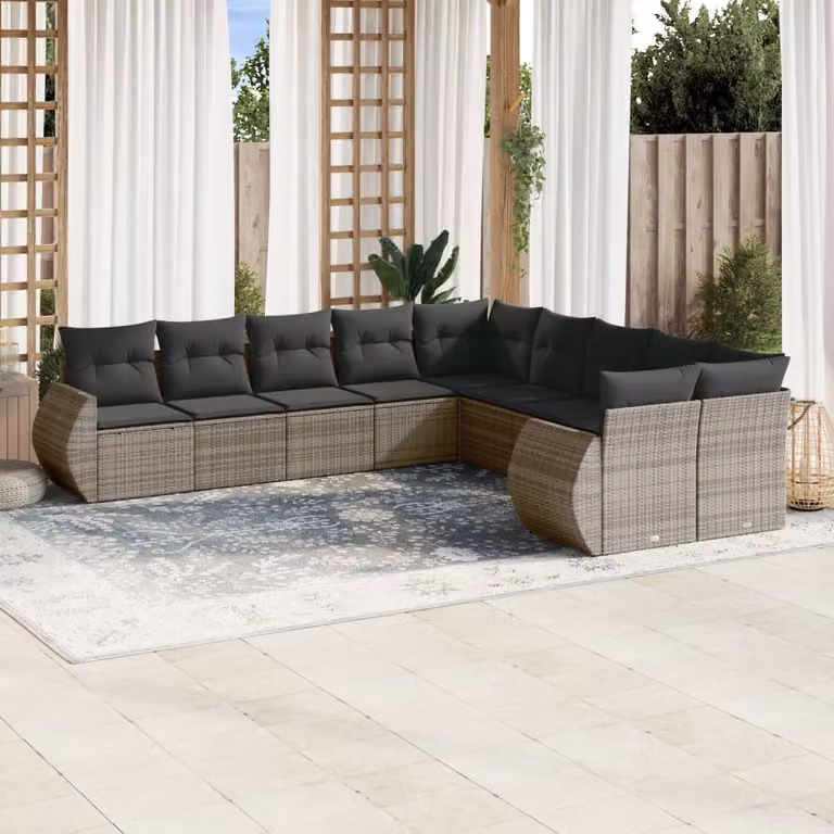 vidaXL Set Divano da Giardino 10 pz a Forma di L con Cuscini Grigio in Polyrattan e Acciaio