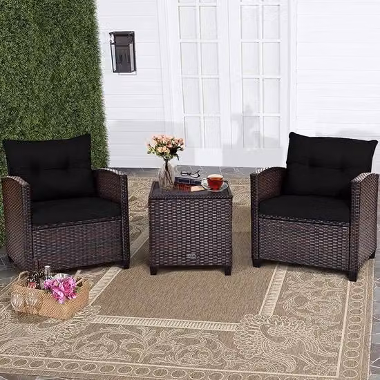 Set di 3 pezzi di mobili da giardino in rattan, set da pranzo in rattan, 2 poltrone e 1 tavolino da caffè, mobili per balcone, set da bistro, set da giardino, set da giardino lounge con foglia in vetro e sedile