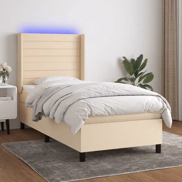 Letto a molla con testiera in tessuto beige e illuminazione LED sottostante con porta USB vidaXL L/P/H: 203 x 100 x 128 cm
