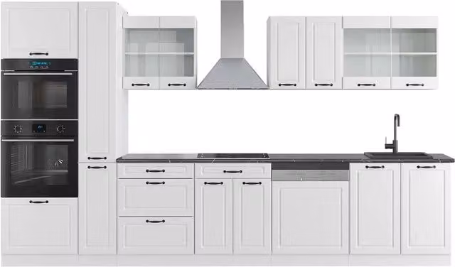 Mobile da cucina Vicco R-Line Bianco rustico con armadio alto e piano antracite L: 350 cm, P: 60 cm, H: 206,8 cm
