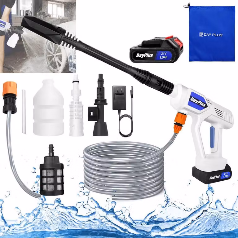 Idropulitrice a batteria - Pistola manuale - 21 V - Batteria da 1,5 Ah + caricabatterie - Pressione 1,2 MPa - Portata 2,8–3 l/min - Ugello in rame - Tubo flessibile
