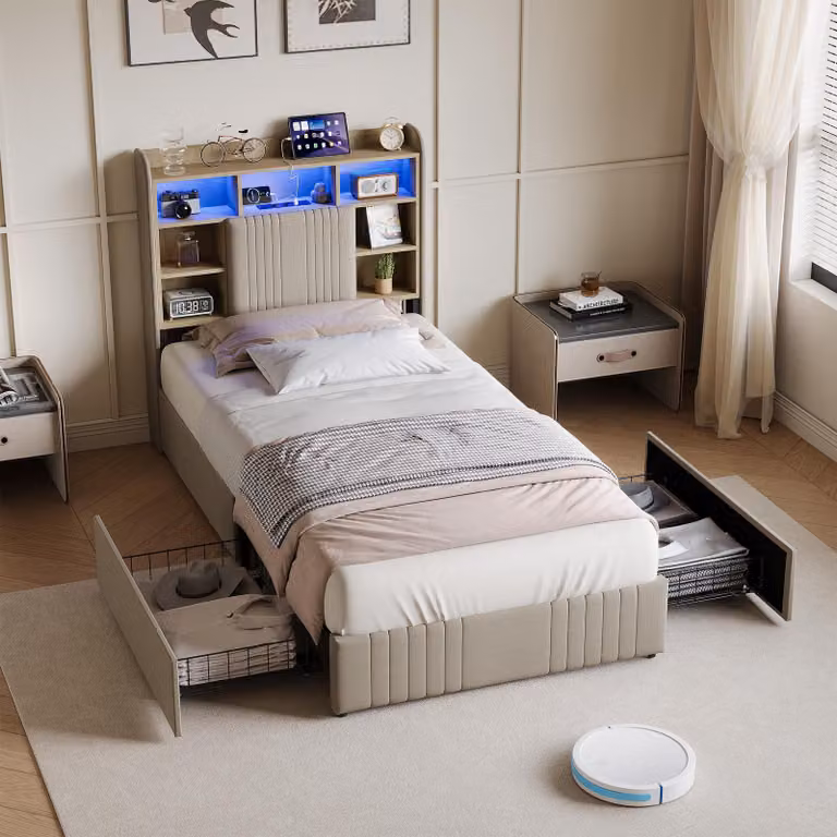 Letto imbottito 90x200 cm con 2 cassetti, testiera contenitore, illuminazione LED, rete a doghe, rivestito in lino color beige, letto singolo per ragazzi, senza materasso
