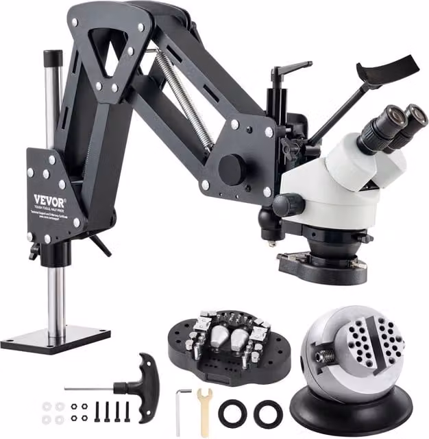 JH-1B Microscopio Binoculare 7X-45X con Braccio Flessibile a Molla Luce Anulare LED e Morsa a Sfera 360 per Oreficeria e Fai da Te