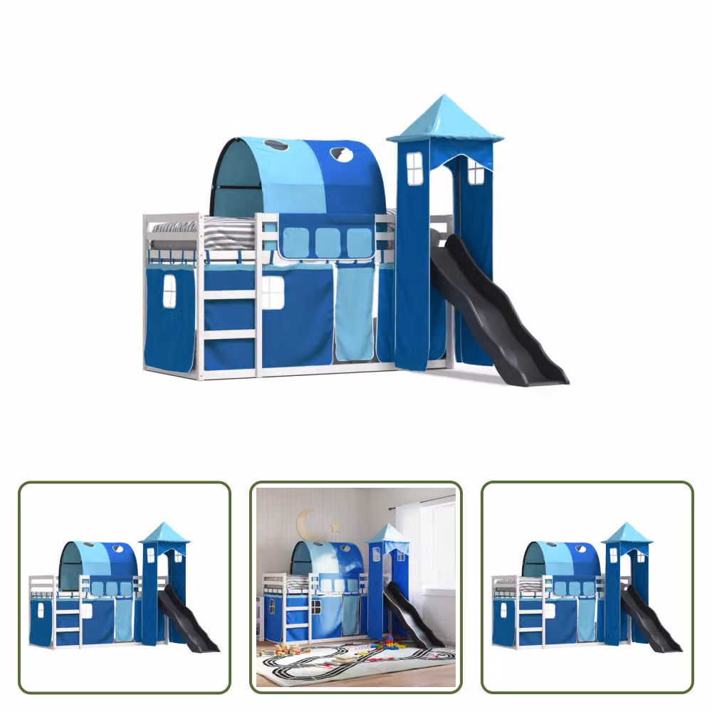 The Living Store Letto a castello con scivolo e tende blu 90x200 cm