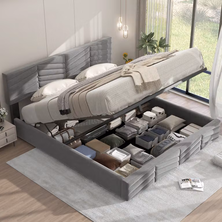 Flieks Letto imbottito 180x200 cm Boxspring con contenitore, letto matrimoniale con rete a doghe, letto contenitore Letto funzionale in velluto con testata regolabile, grigio