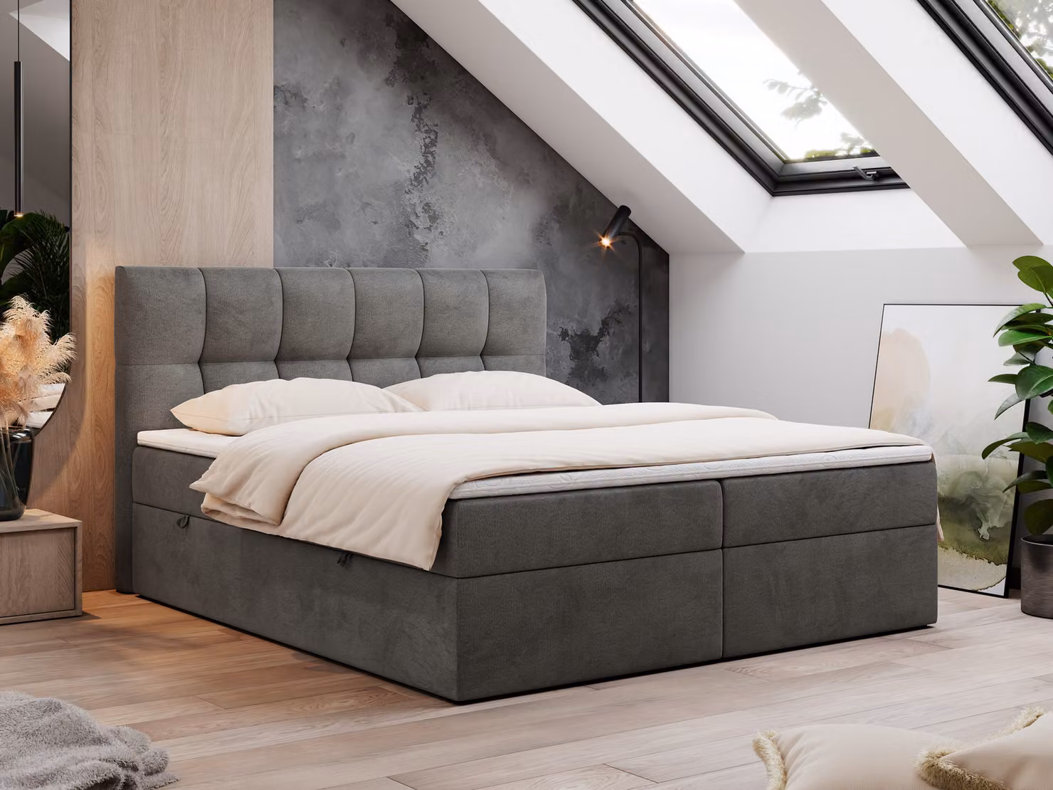 Letto boxspring 120x200 con contenitore, letto con materasso a tasche - topper H3, letto imbottito 120x200 con contenitore e testiera, letto boxspring con materasso H3 - RICO - 120x200 - Grigio scuro - Velvet - H3