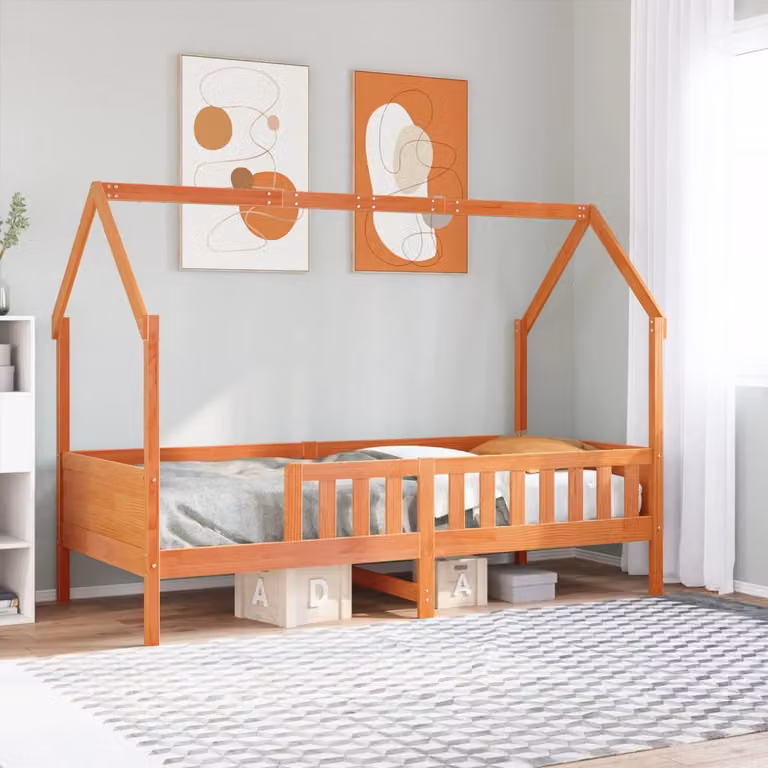 vidaXL Giroletto Casetta per Bambini in Legno di Pino Massello, Colore Marrone Cera, 90x200 cm