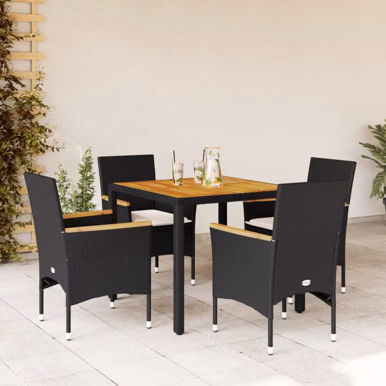 Set da pranzo da giardino vidaXL in polyrattan e legno di acacia con 5 pezzi e cuscini, colore nero e beige