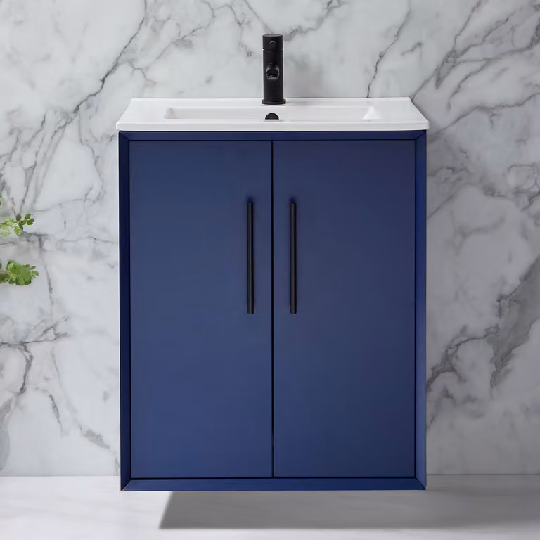 Mobile Bagno Sospeso Blu Marino 610mm con Lavabo e Maniglie Nere con Barra a T - Edge