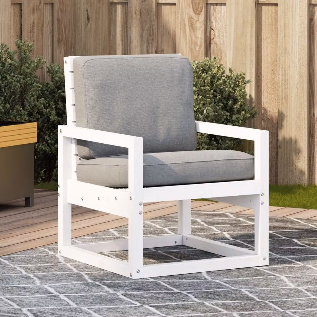 Sedia da giardino vidaXL in legno di pino bianco con cuscini e braccioli L/P/H: 57,5 x 63 x 76 cm