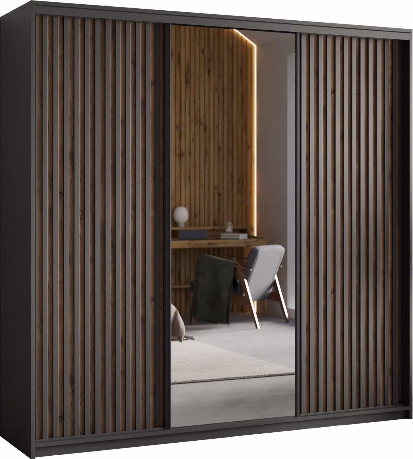 Armadio scorrevole Masseno ORRA 200/205/60 cm Armadio con specchio e lamelle, 4 cassetti Armadio per camera da letto a 3 ante Nero + rovere Wotan