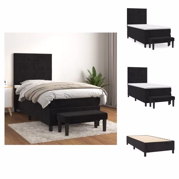 vidaXL Letto a molle con materasso nero 90x200 cm in velluto - Letti & Reti