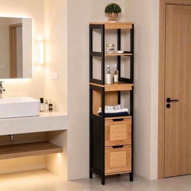 Mobile colonna bagno WISHDOR in bambù e MDF con ripiani e cassetti, design moderno nero, L/P/H: 30 x 30 x 144,3 cm