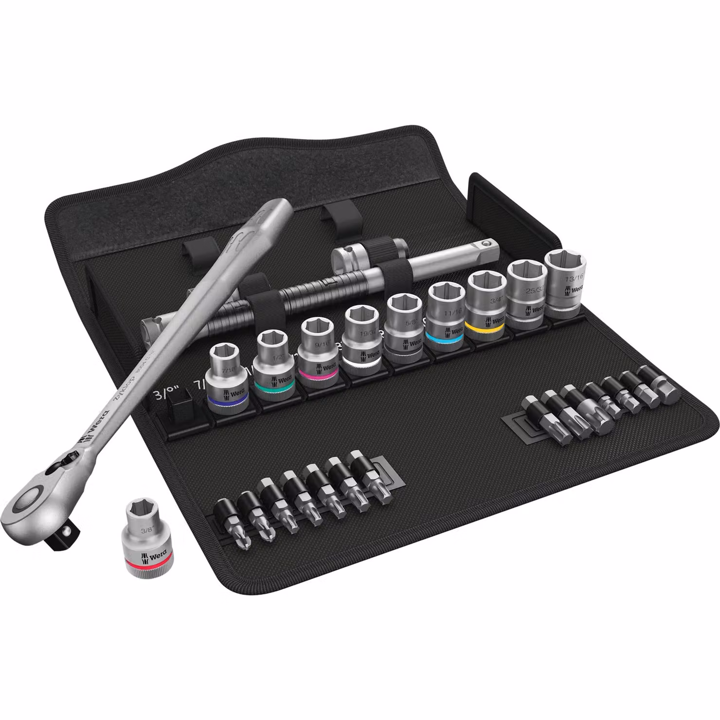 8100 SC 11 Set di cricchetti in metallo Zyklop, leva reversibile, attacco da 1/2", imperiale, 28 pezzi