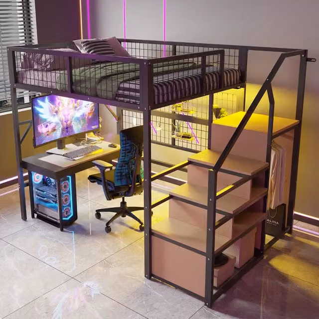 Letto a soppalco singolo moderno in metallo e MDF con illuminazione LED e scala con contenitori, nero, 140 x 200 cm