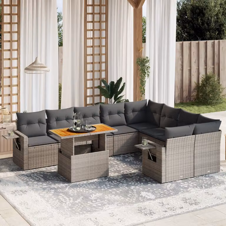 Set Divano da Giardino vidaXL 10 pz in Polyrattan Grigio con Cuscini e Tavolino
