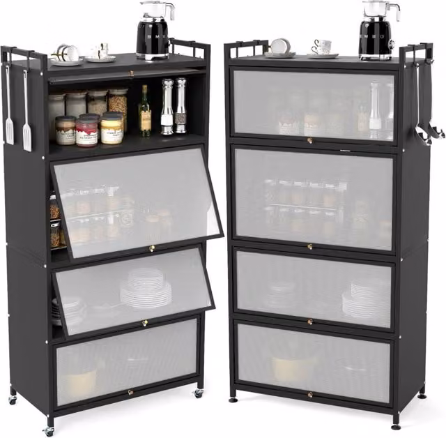 Armadio da cucina a 5 ripiani con 4 ante a ribalta e piedini regolabili, Carrello porta microonde per sala da pranzo Nero
